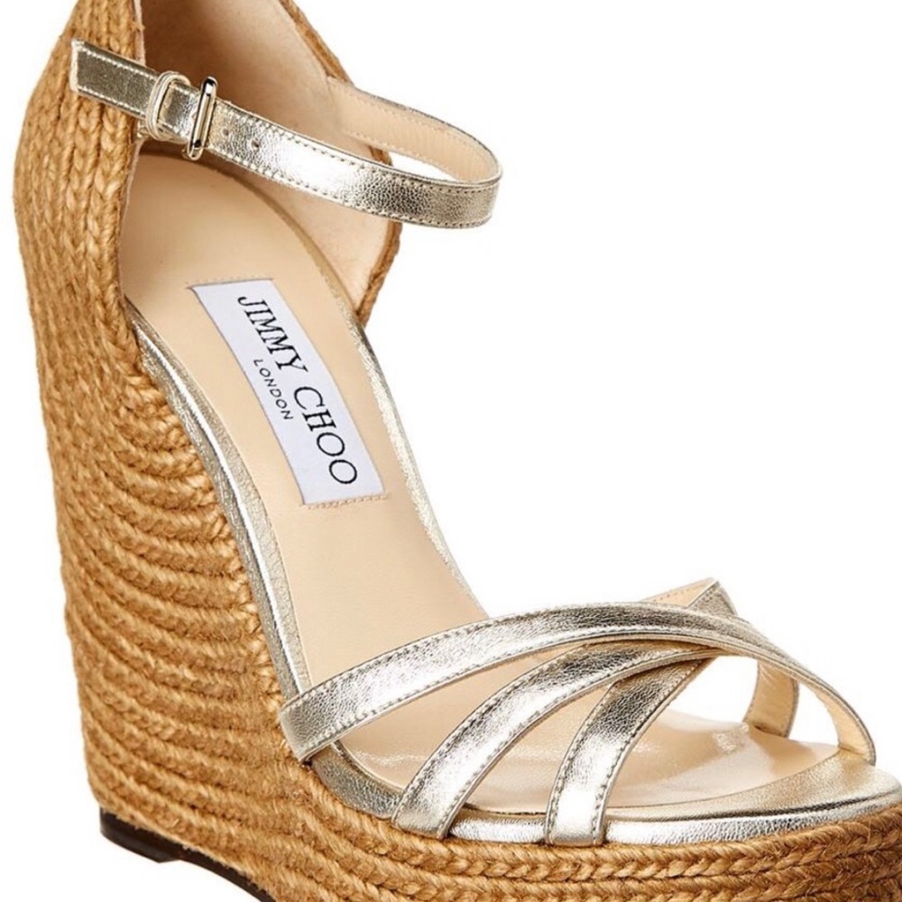 Jimmy Choo Metallic Gold Leather Espadrille Wedge Sandals